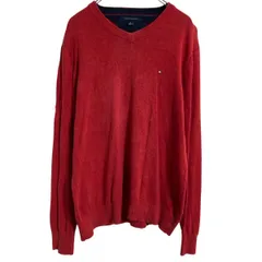 TOMMY HILFIGER コットン ニット セーター M レッド トミーヒルフィガー 薄手 Vネック 古着卸 アメリカ仕入 a611-6518