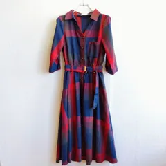 良品⭐️ レディアゼル REDY AZEL ロングワンピース Aライン フレア レーヨン 七分丈 オープンカラー バッファロー・チェック 文学少女 リングベルト バックル ブリティッシュ トラッド シャツワンピース ダーツ 金具 ヨーク デザインボタン