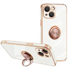 2:iPhone 13 ケース リング付き アイフォン 13 ケース 360°回転 リング スタンド機能 ストラップホール付き 車載ホルダー対応 耐衝撃 TPU メッキ加工 カバー iphone 13 6.1インチ用 （ホワイト）7226-18