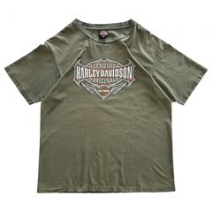 90s 00s USA製 ラスベガス ハーレーダビッドソン Tシャツ エンブレム コットン フェード ボロ ペンキ 両面プリント オリーブ カーキ オレンジ