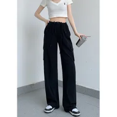 ☆ ブラック×ロング ☆ Lサイズ ☆ カーゴパンツ kpants406 カーゴパンツ レディース ゆったり ワイドパンツ 長ズボン ズボン 作業着 ワイド ルーズ 太め ポケット ボトムス 10分丈 シンプル 無地 楽 動きやすい カジュアル