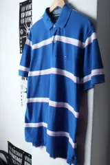 （ L ー XL ） Tommy Hilfiger(トミーヒルフィガー) 半袖 カラー Tシャツ ストライプ ブルー- 1392A