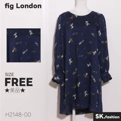 ★美品★ fig London フィグロンドン ワンピース 膝丈 長袖 総柄 乗馬柄 馬具柄 袖ボタン おしゃれ 　ネイビー　 【H2148-00】 送料無料　古着　レディースのサムネイル