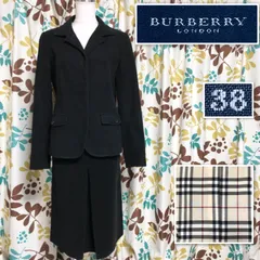 ■極美品■BURBERRY LONDON バーバリーロンドン　スカートスーツ上下セットアップ　ブラック×裏地ノバチェック  size38 /36  三陽商会　シングル3つボタン比翼仕立てジャケット　ひざ丈スカート　コットン　イタリア製生地使用　レディース