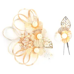 髪飾り 成人式 振袖 前撮り 袴 ゴールド シルバー 水引 パール ビーズ ラインストーン リーフモチーフ 大きい 小さい 2点セッ No.12-0882