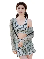 [Electric Circus] タンキニ 水着 レディース プリント柄 ビキニ 3点セット 体型カバー 着痩せ プール 旅行 スイムウエア (アルファベット柄) かわいい かっこいい おしゃれ 女の子 大人 女性 [アルファベット] [Free Size]