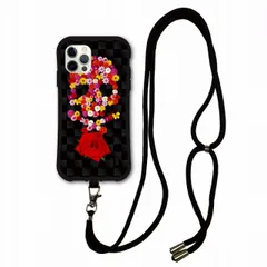 [iPhone15 Plus] スマホショルダー付 iPhone16 Pro i-coronケース アイフォン 14 13 12 XS XR XS Max スマホケース ショルダー タイプ 側面保護 耐衝撃  スカル ドクロ フラワー チェック ブラック