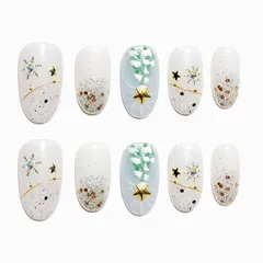 Sun&Beam Nails 手作り ネイルチップ ミディアム ロング ラウンド オーバル ゴールド ホワイト つけ爪 クリスマス デザイン おしゃれ 付け爪 10枚入 (#141 L) 1