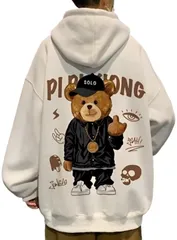 [エンプティオ] メンズ パーカー 厚手 フード付き アメカジ バックプリント かっこいい キャラクター ゆったり プルオーバー スウェット ストリート スウェットシャツ 長袖 かわいい カラフル くま クマ シンプル 部屋着 アウトドア [ホワイト] [L]