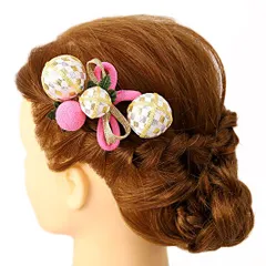 髪飾り 成人式 振袖 前撮り 袴 花 浴衣 夏祭り 花火大会 豪華2点セット ピンク ゴールド 銀 白 ちりめん 玉飾り 組紐 格子 ヘ No.9-3697