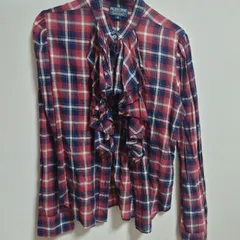 【希少】　POLO　jeans　Company　Mサイズ　バンドカラー　リボンタイ長袖シャツ　装飾　チェック