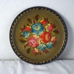 イタリア製 民芸品 木製 絵皿 ロンギ社ビンテージの可愛い赤色手書きの