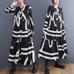 《新品/再入荷♫》モノトーン★スタンドカラー シャツロングワンピ 秋 韓国