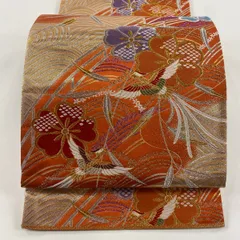 袋帯 美品 秀品 関西仕立て 尾長鳥 桜 金銀糸 箔 オレンジ 六通 正絹 【中古】