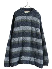 【お得なクーポン配布中!】 アイルランド製 ロールネック ボーダー フィッシャーマン ウール ニット セーター メンズ レディース XL / アラン ケーブル ローゲージ 紺