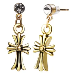 【正規販売】 Renervate クロスピアス 両耳 メンズ レディース 人気 ブランド 男女兼用 ゴールド イヤリング CZダイヤ 十字架 アクセサリー シルバー （K18ゴールド仕上げ） ベビーファット 金属アレルギー プレゼント [ゴールド(ノーマル)]