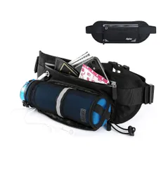 ランニングポーチ ウェストポーチ 防水 イヤホン対応 スポーツ ジム キャンプ 旅行 ジョギング 登山 ベルト調節可能 iPhone Android 6.8インチスマホ収納可能 (ペットボトル収納あり, ブラック)