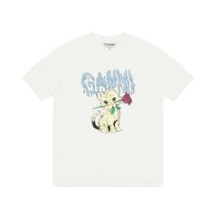 GANNI ガニー 半袖 コットン Tシャツ バラとネコ プリント レディース デンマーク ファッションブランド 並行輸入品 XS S M L