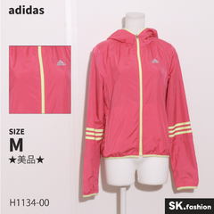 ★美品★ adidas アディダス アウター　ウインドブレーカー　ストライプ柄　ロゴプリント　ラメ　ジップポケット 　ピンク　 【H1134-00】 送料無料　古着　レディース