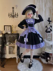 新品未使用 ロリータ洋装 長袖ワンピース ブラック＆パープル 秋冬用 蝶結び付き おしゃれ 可愛い クラシック 甘ロリデザイン 高品質 撮影会 コスプレ イベント プレゼントにも最適
