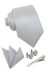【在庫処分】[back under] ネクタイ 4点 チーフ セット 結婚式 シルバー メンズ ネクタイセット グレー タイピン ポケットチーフ カフス ボタン ギフト箱付