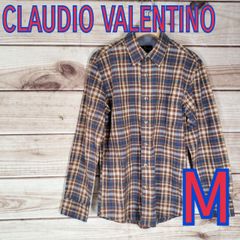 美品 CLAUDIO VALENTINO クラウディオ ヴァレンティノ メンズ トップス シャツ カジュアルシャツ 長袖 替えボタン ブラウン チェック柄 Mサイズ M (5818 bbb250)
