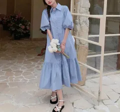 新品 パフ 袖 シャツ カラー ロング ワンピース