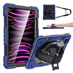 【特価商品】iPad iPad Air(第5/4世代) 用 ケース Pro(第1/2/3/4世代)/ 重型 三層保護 頑丈 JOHN 耐衝撃 耐久性 傷防止 MAGIC 肩紐付き 360°回転可能なスタンド ネイビー