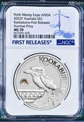 2022 Kookaburra 1oz Silver Coin Numbat Privy Perth My Expo NGC MS70 ANDA FR