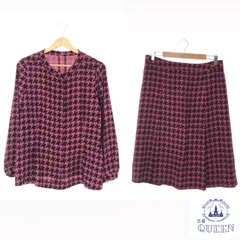 ☆極美品☆ セットアップ 上下 ジャケット ノーカラー スカート 膝丈 プリーツ 千鳥 長袖 レディース ブラック ピンク 日本製 901-14147 送料無料 古着