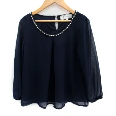 ロペピクニック ROPE Picnic ブラウス カットソー 七分袖 ラウンドネック フェイクパール シースルー38 紺 ネイビー /SM35