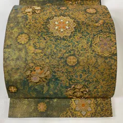 袋帯 秀品 服部織物 落款 こはく錦 二重箔織手工芸 華文 花鳥 箔 金糸 緑 六通 正絹 【中古】