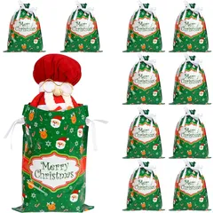 CINECE クリスマス ラッピング 巾着 袋 10枚セット 23.9×31.7CM らっぴんぐ バッグ プレゼント パーティー 用 包む 休日 小物 包装 お菓子 リボン付き アルミホイル (グリーン)