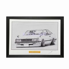 トヨタ コロナT140ハードトップ 【鉛筆画】名車 旧車 オールドカー ノスタルジックカー イラスト 絵画 デッサン 絵　A4サイズ   額付き 作者直筆サイン入り 車好き 男性 向け バースデー  定年退職祝い ギフト プレゼント に