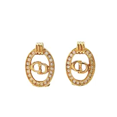 【中古】Christian Dior クリスチャンディオール イヤリング ラインストーン　オーバル　CDロゴ ゴールド