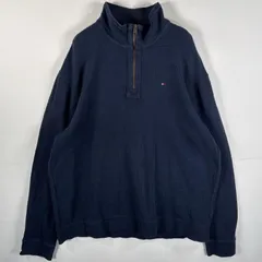 古着 トミーヒルフィガー TOMMY HILFIGER コットンニット 大きいサイズ ワンポイントロゴ刺繍 ハーフジップ  XXL  ネイビー メンズ