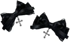 infage ヘアクリップ 2点 セット 十字架 リボン ちょう結び レース ヘアピン かわいい アクセサリー 小さめ レディース 春 夏 秋 冬 オシャレ お洒落 おしゃれ バレッタ カワイイ ロリータ ゴスロリ 流行 定番 髪(ブラック)