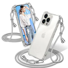iPhone 15 Pro ケース クリア ショルダー 耐衝撃 iPhone15Pro スマホケース 透明 織りストラップ付き 肩がけ 首掛け 紐付き アイフォン15Pro カバー 縄掛け シングルショルダーロープ 斜めがけ 調節可能なショルダー クロスボ 0