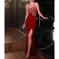 【新品 未使用】2026新作 カラードレス  黒 赤 カクテルドレス ロングドレス パーティードレス 発表会 演奏会 ステージドレス イブニングドレス キャミソールドレス  ベルベット 蝶モチーフ ラメ刺繍 スリット入り タイト 