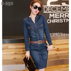 デニムワンピース レディース 長袖 無地 シャツ タイトワンピース 通勤 オフィス OL きれいめ 春秋