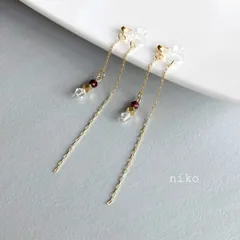 ◆ 187 ガーネット チェーン ロング ノンホールピアス イヤリング ピアス ◆　再販 人気 天然石 上品 揺れる シンプル