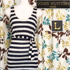 LOUIS VUITTON ルイヴィトン　カシミヤ×シルク　サマーニット　ノースリーブトップス　ウエストリボン紐　ボーダー　sizeL  イタリア製　タグあり　アイボリー×ネイビー　レディース