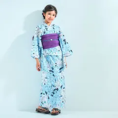 【2点セット】キッズ 子供 浴衣 ゆかた しわへこ 帯とセット 青 水色 百合 110〜130cm OY1