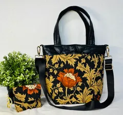 【裁縫ストア・ボヌール】大人かわいい　ウィリアムモリス　ベストオブモリス  アネモネ柄  トートバック　合皮キルトカットクロス　ハート大　ミニポーチ　ショルダーバッグ　ハンドメイド　ショルダーストラップ　ゴージャス / №500-575