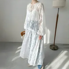 ワンピース レディース レース ロングワンピース パフスリーブ レイヤード 重ね着 透け感 フレア 長袖 ロング丈 花柄 シアー 羽織 おしゃれ 可愛い カジュアル エレガント フェミニン 女性 夏nvrhua09