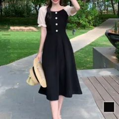 パフスリーブワンピース 韓国ファッション 10代 20代 30代 可愛い デート Aライン オフィススタイル オフショルダー 無地 シンプル