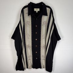 古着  Island Shores 半袖シャツ アロハ レーヨン 大きいサイズ プリント デザイン 2XL  ブラック系 総柄 メンズ