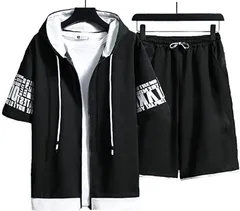 emptio エンプティオ ストリート フルジップ 半袖 パーカー ハーフパンツ お洒落 上下セット メンズ(ナチュラルブラック,  M)