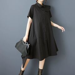 モード系  黒ワンピース 夏 ソリッド  タイニーカラー  ジップ付き 半袖 ミドル丈ワンピ  フリル  Aライン  ミディシャツドレス  個性派　ニューデザインワンピース