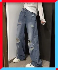 新品 レディース ダメージデニムパンツ ワイドレッグ カジュアルジーンズ ユーズド加工 体型カバー レトロ【送料無料】